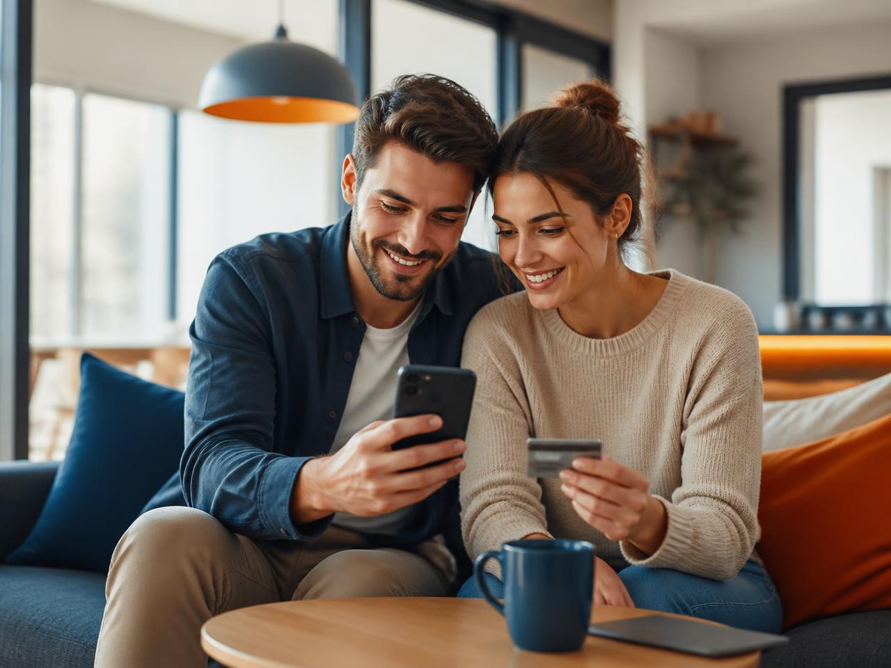 Un jeune couple règle un achat en ligne depuis son smartphone avec VALIDIF